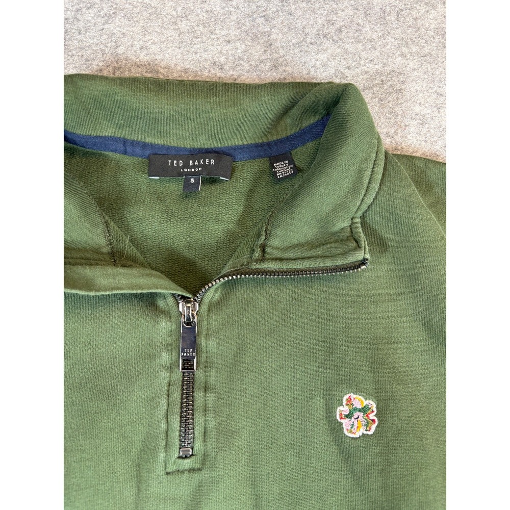 Ted Baker Mens 1/4 Zip Sweatshirt Small Olive Green Casual Retro Pullover Preppy